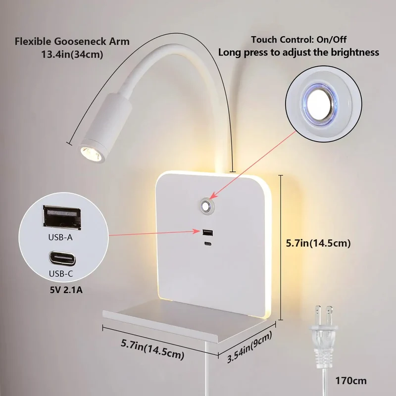 Slick Matte White LED Wall Sconce With Usb Charging Ports And Nifty Shelf, Zero Fuss Plug Or Hardwired, Smooth Dimmable Reading Light, Chill Ambient Glow, Sick Bedroom Overhaul For Bedside