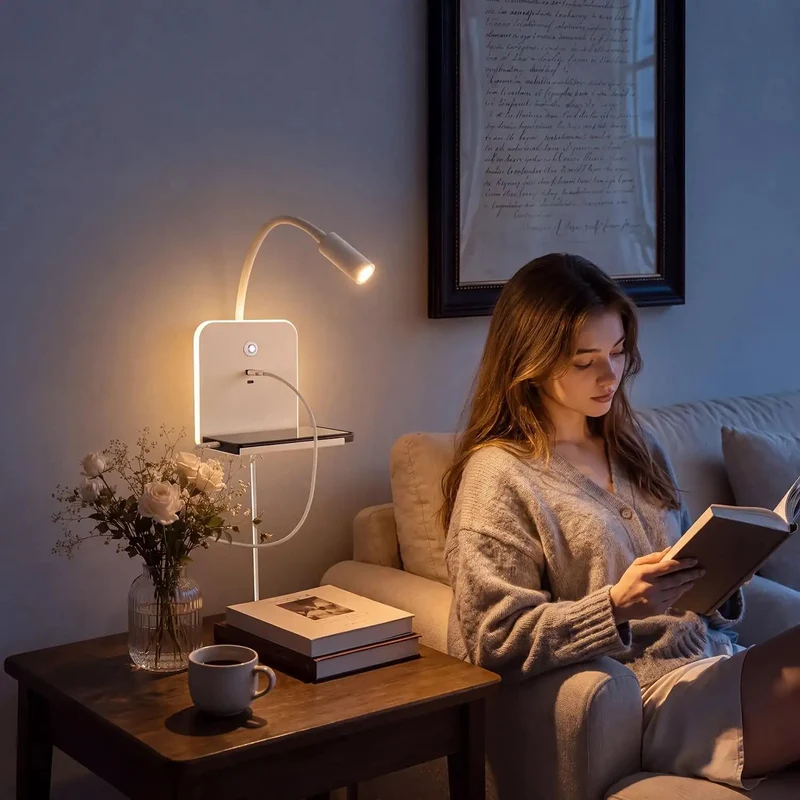 Slick Matte White LED Wall Sconce With Usb Charging Ports And Nifty Shelf, Zero Fuss Plug Or Hardwired, Smooth Dimmable Reading Light, Chill Ambient Glow, Sick Bedroom Overhaul For Bedside
