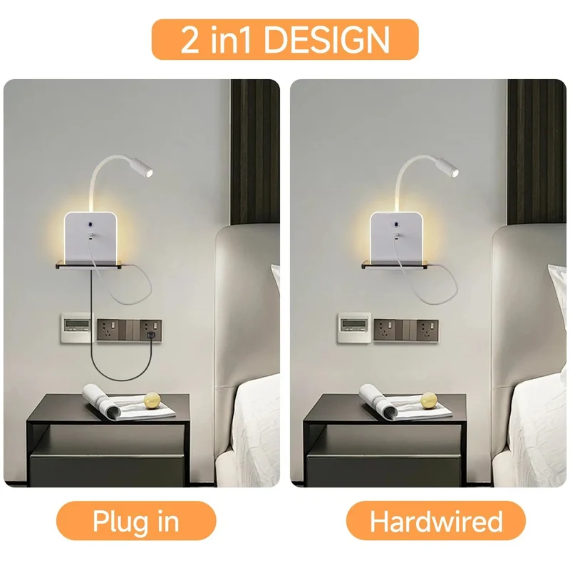 Slick Matte White LED Wall Sconce With Usb Charging Ports And Nifty Shelf, Zero Fuss Plug Or Hardwired, Smooth Dimmable Reading Light, Chill Ambient Glow, Sick Bedroom Overhaul For Bedside