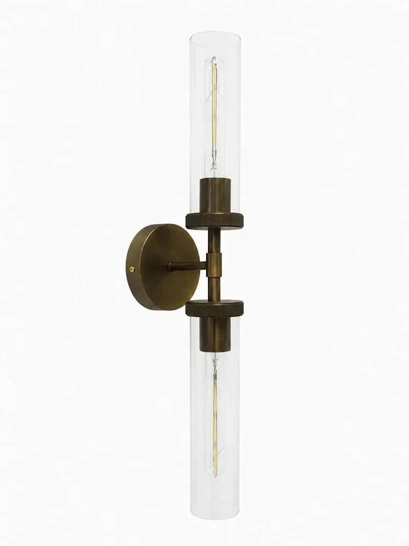 22 Inch Hardwired Bronze Wall Sconce With Clear Glass Two Light Fixture Built Tough Premium Steel Tarnish Resistant Warm Bronze Knurled Shade For Master Bedrooms And Showers Bulbs Included