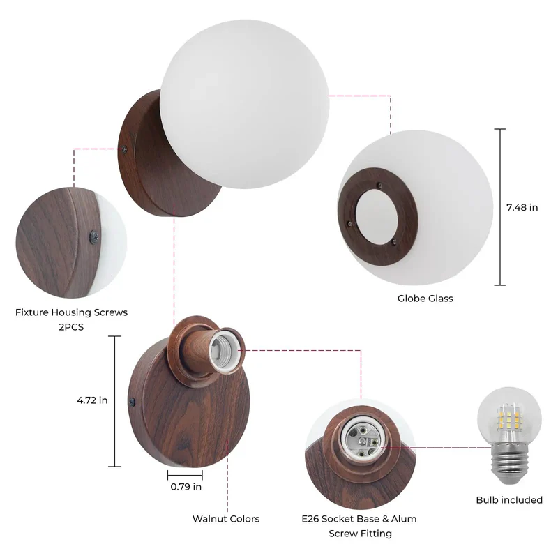 Slick Globe Wall Sconce Set Of 2 With Adjustable 3 Color Temperature Led Lights Top Shelf Milk Glass Shades And Smooth Walnut Base For Chill House Glow