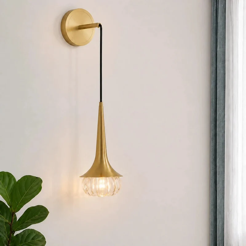 Slick Brushed Brass Wall Sconce With Clear Ribbed Glass Shade Modern Hardwired Wall Lamp For Bathroom Vanity Bedroom Home Setup And Living Room Glow Up