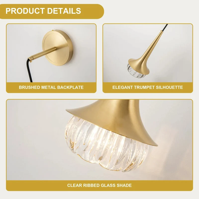 Slick Brushed Brass Wall Sconce With Clear Ribbed Glass Shade Modern Hardwired Wall Lamp For Bathroom Vanity Bedroom Home Setup And Living Room Glow Up