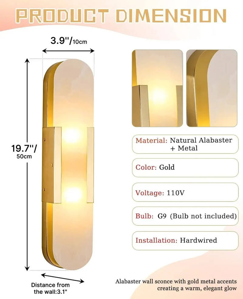 Natural Spanish Alabaster Wall Sconce With Luxurious Gold Metal Base 19.7 Inch Height Slim Oval Modern Minimalist Wall Light For Bedroom Living Room Hella Chic G9 Ambient Glow Stone Vibe Fixture