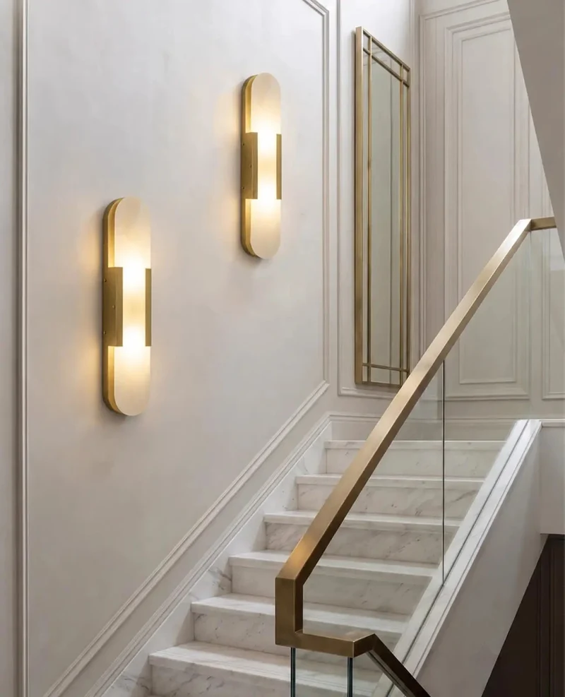 Natural Spanish Alabaster Wall Sconce With Luxurious Gold Metal Base 19.7 Inch Height Slim Oval Modern Minimalist Wall Light For Bedroom Living Room Hella Chic G9 Ambient Glow Stone Vibe Fixture