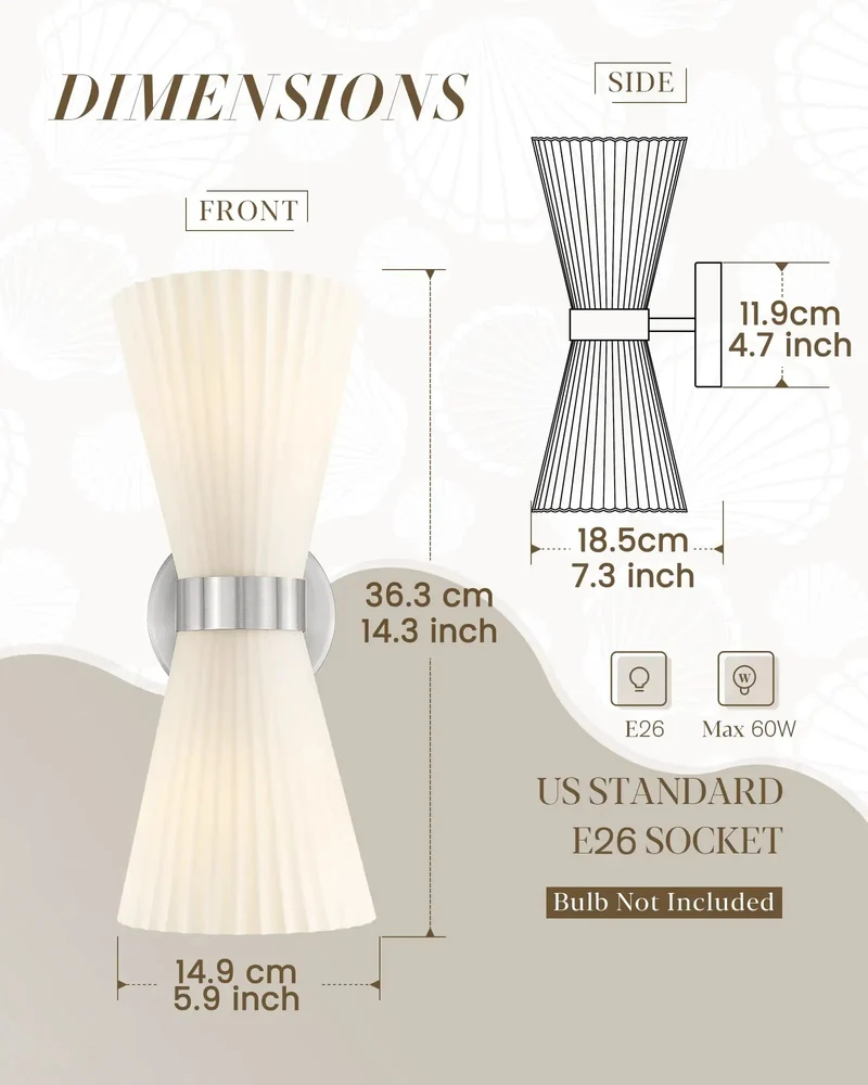 Modern Seashell Inspired Brushed Nickel Wall Sconces Set Of Two With Frosted Striped Glass Shades Built For Ups And Down Bathroom Vanity Lighting Glow Up Your Space