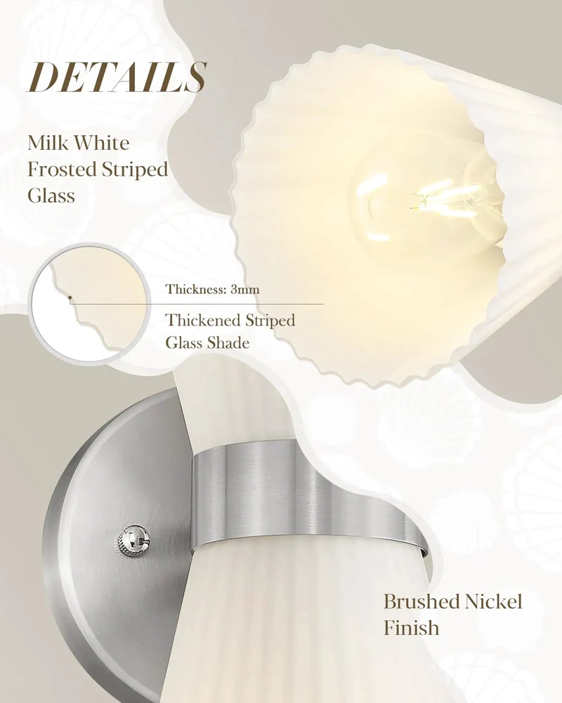 Modern Seashell Inspired Brushed Nickel Wall Sconces Set Of Two With Frosted Striped Glass Shades Built For Ups And Down Bathroom Vanity Lighting Glow Up Your Space