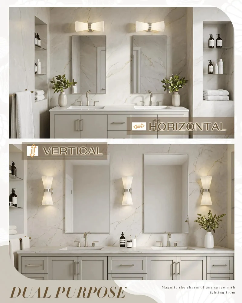 Modern Seashell Inspired Brushed Nickel Wall Sconces Set Of Two With Frosted Striped Glass Shades Built For Ups And Down Bathroom Vanity Lighting Glow Up Your Space