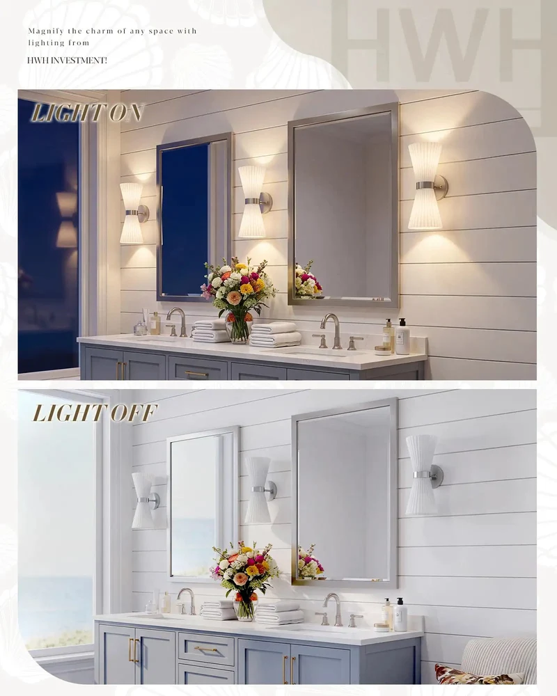 Modern Seashell Inspired Brushed Nickel Wall Sconces Set Of Two With Frosted Striped Glass Shades Built For Ups And Down Bathroom Vanity Lighting Glow Up Your Space