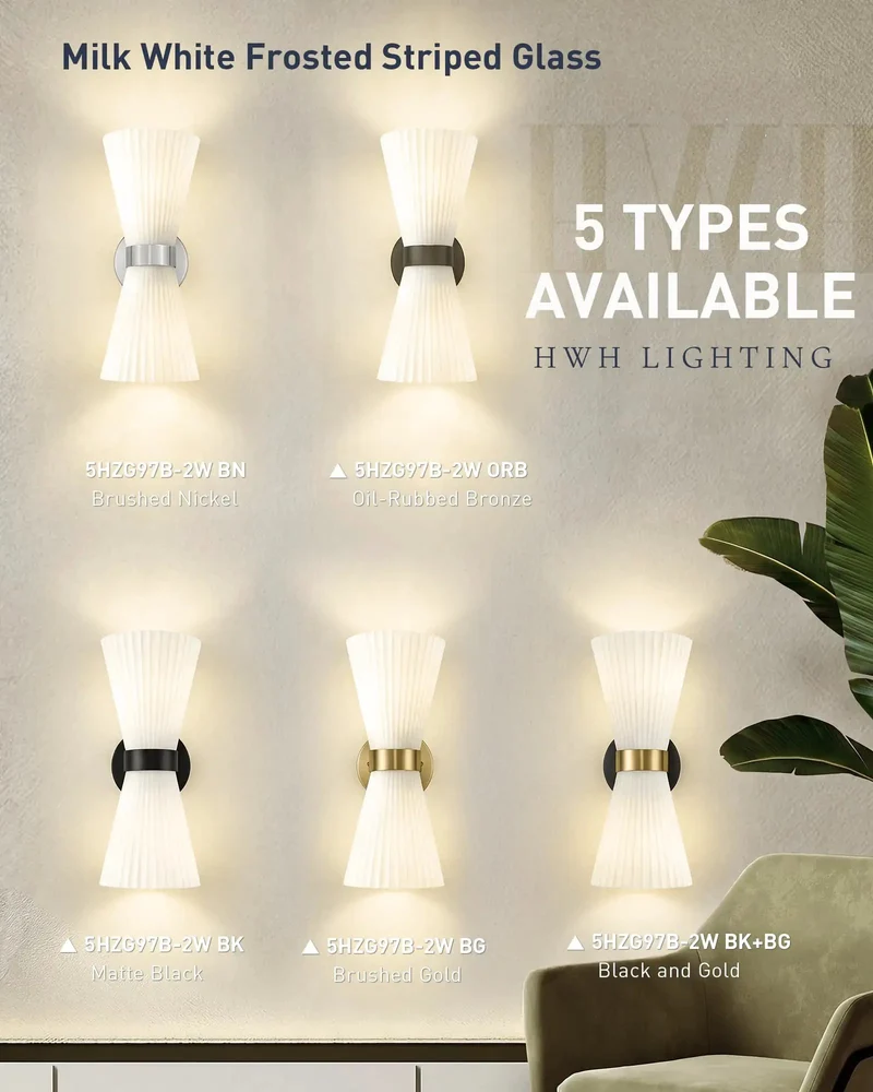 Modern Seashell Inspired Brushed Nickel Wall Sconces Set Of Two With Frosted Striped Glass Shades Built For Ups And Down Bathroom Vanity Lighting Glow Up Your Space