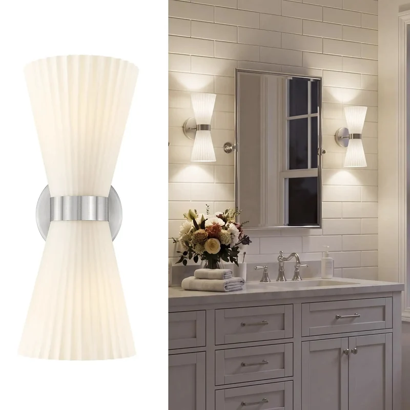 Modern Seashell Inspired Brushed Nickel Wall Sconces Set Of Two With Frosted Striped Glass Shades Built For Ups And Down Bathroom Vanity Lighting Glow Up Your Space