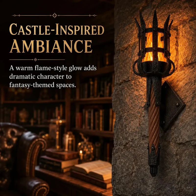 Top Tier Medieval LED Torch Wall Sconce With Realistic Flame Flicker Glow Brings A Badass Gothic Castle Vibe To Your Gaming Setup Or Cozy Reading Corner Display