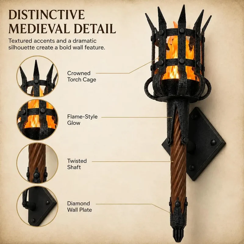Top Tier Medieval LED Torch Wall Sconce With Realistic Flame Flicker Glow Brings A Badass Gothic Castle Vibe To Your Gaming Setup Or Cozy Reading Corner Display