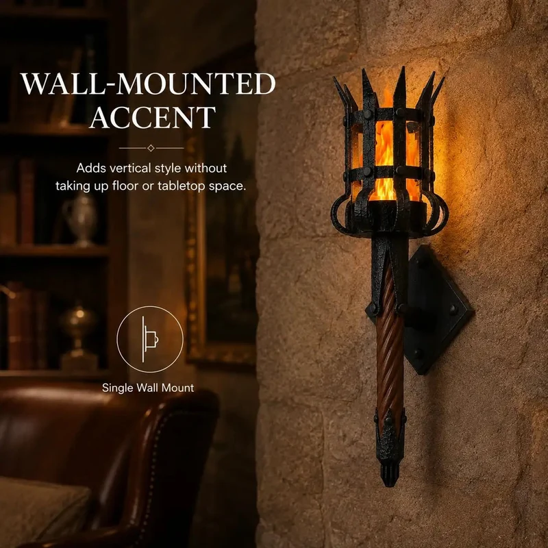 Top Tier Medieval LED Torch Wall Sconce With Realistic Flame Flicker Glow Brings A Badass Gothic Castle Vibe To Your Gaming Setup Or Cozy Reading Corner Display