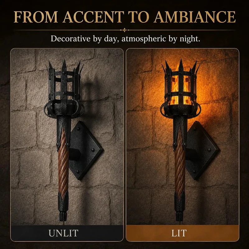 Top Tier Medieval LED Torch Wall Sconce With Realistic Flame Flicker Glow Brings A Badass Gothic Castle Vibe To Your Gaming Setup Or Cozy Reading Corner Display