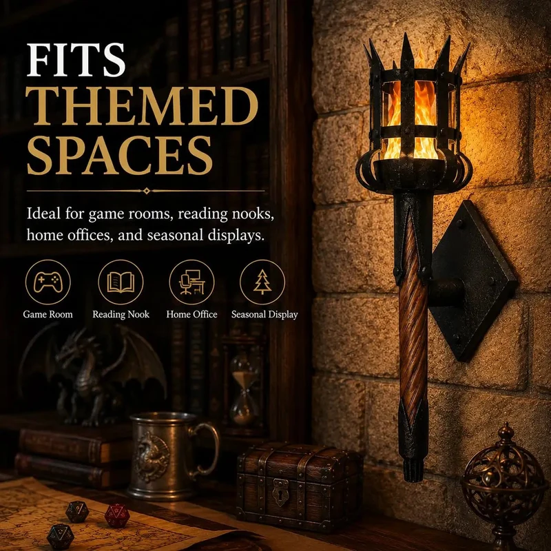 Top Tier Medieval LED Torch Wall Sconce With Realistic Flame Flicker Glow Brings A Badass Gothic Castle Vibe To Your Gaming Setup Or Cozy Reading Corner Display