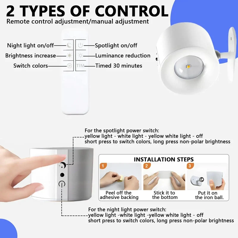 Rad LED Wall Sconces with Rechargeable Battery and Magnetic Mount for Easy Setup Remote Control and Touch Dimming Three Color Temps 360 Rotation Dual Side Lighting Hella Bright for Bedside Reading and Room Decor Black Finish