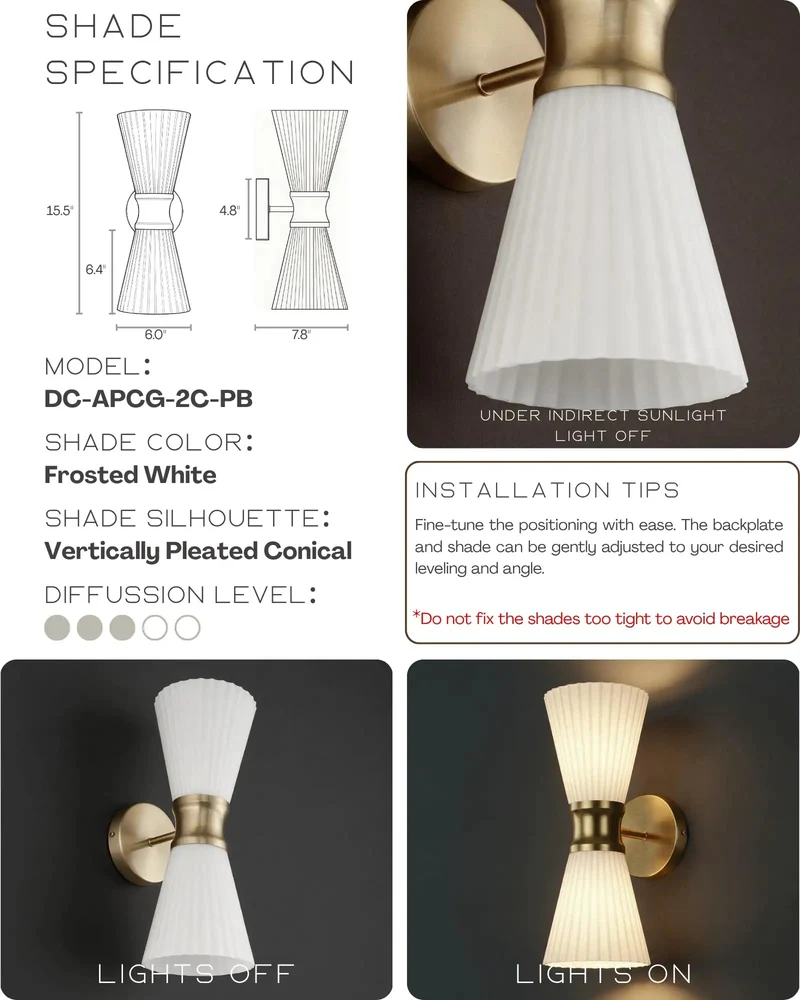 Stylish Two Light Up And Down Wall Sconce Featuring Frosted Pleated Glass Shading Wrapped In Matte Pale Brass For Effortless Vibe Setting Decor Lighting