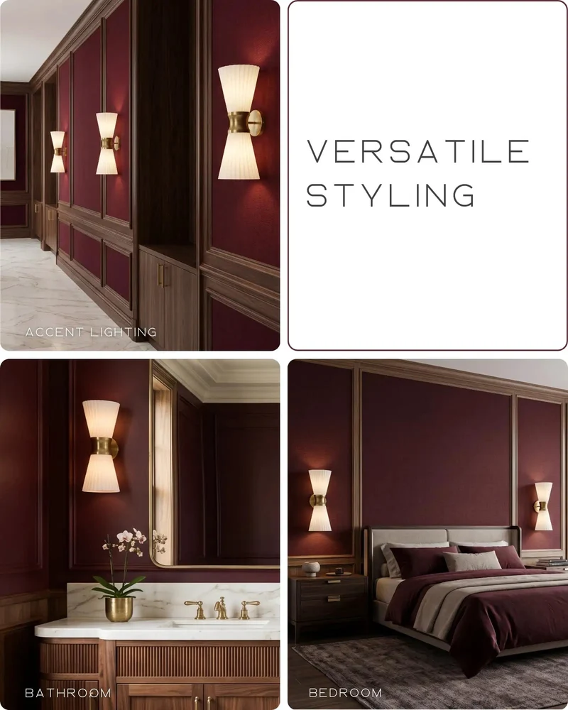 Stylish Two Light Up And Down Wall Sconce Featuring Frosted Pleated Glass Shading Wrapped In Matte Pale Brass For Effortless Vibe Setting Decor Lighting