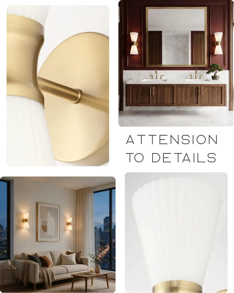 Stylish Two Light Up And Down Wall Sconce Featuring Frosted Pleated Glass Shading Wrapped In Matte Pale Brass For Effortless Vibe Setting Decor Lighting