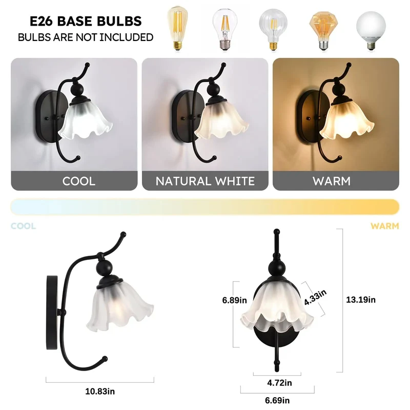 Slick Black Wall Sconces Set of Two Legit Vintage Style With Flower Milk Glass Shade Modern Industrial Bedside Lighting Fixtures For Bedroom Bathroom Vanity Living Room Hallway E26