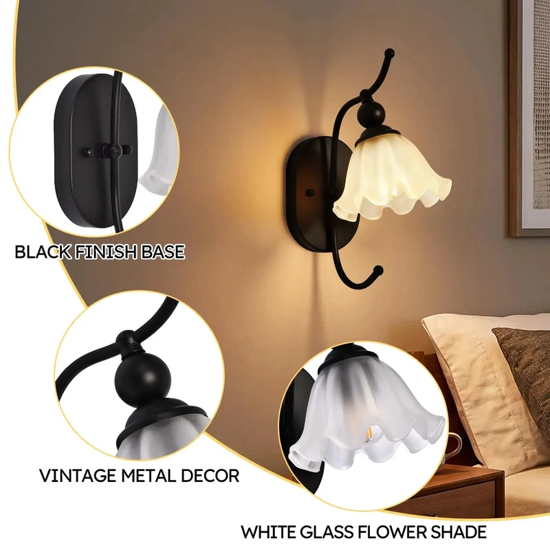 Slick Black Wall Sconces Set of Two Legit Vintage Style With Flower Milk Glass Shade Modern Industrial Bedside Lighting Fixtures For Bedroom Bathroom Vanity Living Room Hallway E26