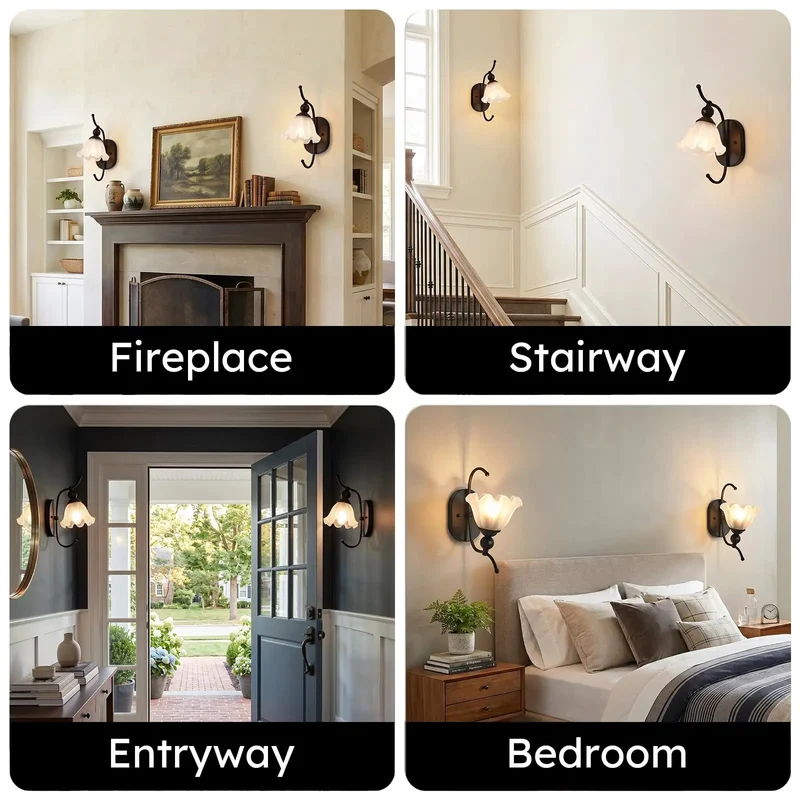 Slick Black Wall Sconces Set of Two Legit Vintage Style With Flower Milk Glass Shade Modern Industrial Bedside Lighting Fixtures For Bedroom Bathroom Vanity Living Room Hallway E26