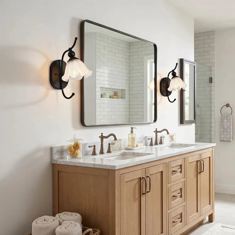 Slick Black Wall Sconces Set of Two Legit Vintage Style With Flower Milk Glass Shade Modern Industrial Bedside Lighting Fixtures For Bedroom Bathroom Vanity Living Room Hallway E26
