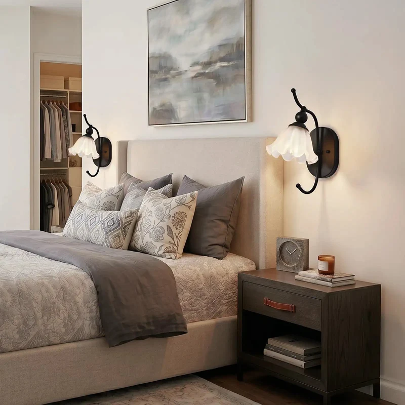 Slick Black Wall Sconces Set of Two Legit Vintage Style With Flower Milk Glass Shade Modern Industrial Bedside Lighting Fixtures For Bedroom Bathroom Vanity Living Room Hallway E26