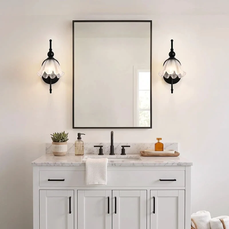 Slick Black Wall Sconces Set of Two Legit Vintage Style With Flower Milk Glass Shade Modern Industrial Bedside Lighting Fixtures For Bedroom Bathroom Vanity Living Room Hallway E26