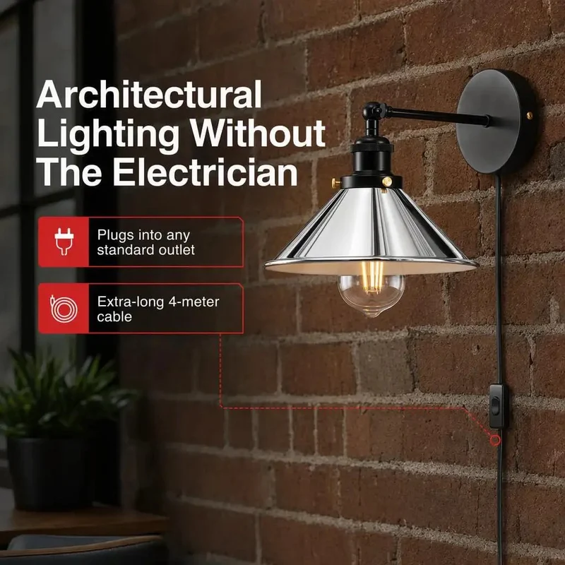 Smooth Chrome Plug And Play Wall Sconce With Adjustable Cone Shade And E26 Socket Perfect For Bedroom Or Living Room Reading Nook Dropping Straight Up Industrial Lighting Vibes On Your Walls