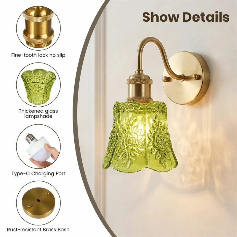 Set Of Two Rechargeable Wall Sconces Battery Operated Dimmable Cordless Wall Lamps With Remote Control And Green Glass Lampshade Antique Brass Finish Zero Wire Stress Hella Bright For Bedroom And Living Room