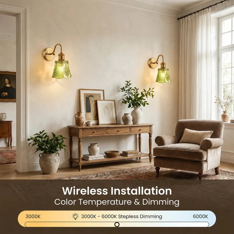 Set Of Two Rechargeable Wall Sconces Battery Operated Dimmable Cordless Wall Lamps With Remote Control And Green Glass Lampshade Antique Brass Finish Zero Wire Stress Hella Bright For Bedroom And Living Room