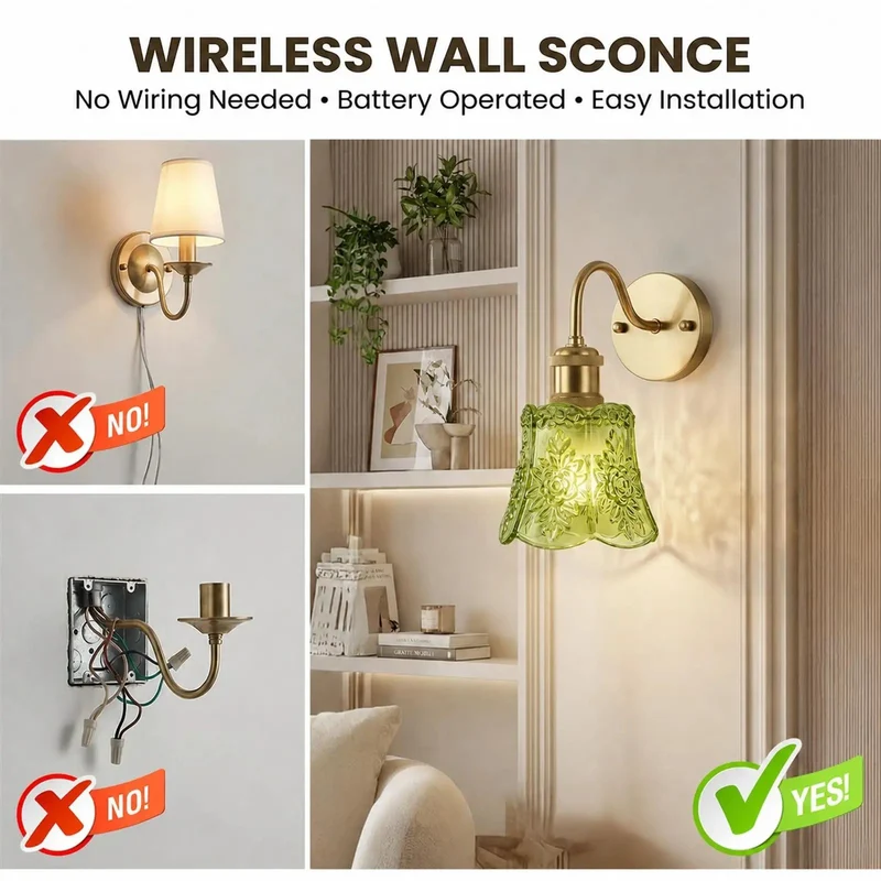 Set Of Two Rechargeable Wall Sconces Battery Operated Dimmable Cordless Wall Lamps With Remote Control And Green Glass Lampshade Antique Brass Finish Zero Wire Stress Hella Bright For Bedroom And Living Room