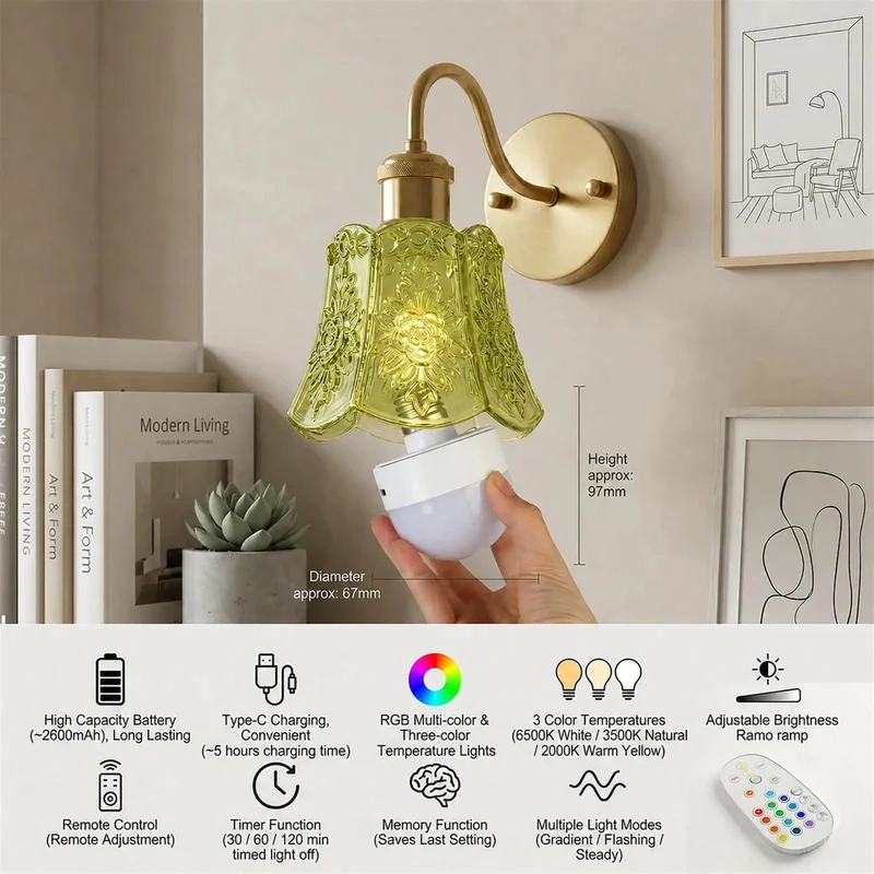 Set Of Two Rechargeable Wall Sconces Battery Operated Dimmable Cordless Wall Lamps With Remote Control And Green Glass Lampshade Antique Brass Finish Zero Wire Stress Hella Bright For Bedroom And Living Room