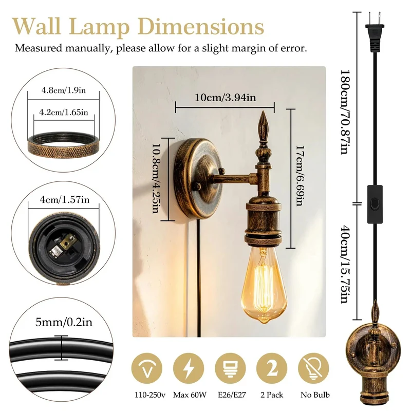 Steampunk Plug In Wall Sconces Set Of Two Slick Industrial Retro Wall Lamp With Solid Oil Rubbed Bronze Metal Build E27 Socket And Killer 220cm Cord With Switch DIY Shade For Badass Bedroom Farmhouse Vibes