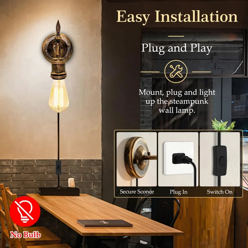 Steampunk Plug In Wall Sconces Set Of Two Slick Industrial Retro Wall Lamp With Solid Oil Rubbed Bronze Metal Build E27 Socket And Killer 220cm Cord With Switch DIY Shade For Badass Bedroom Farmhouse Vibes