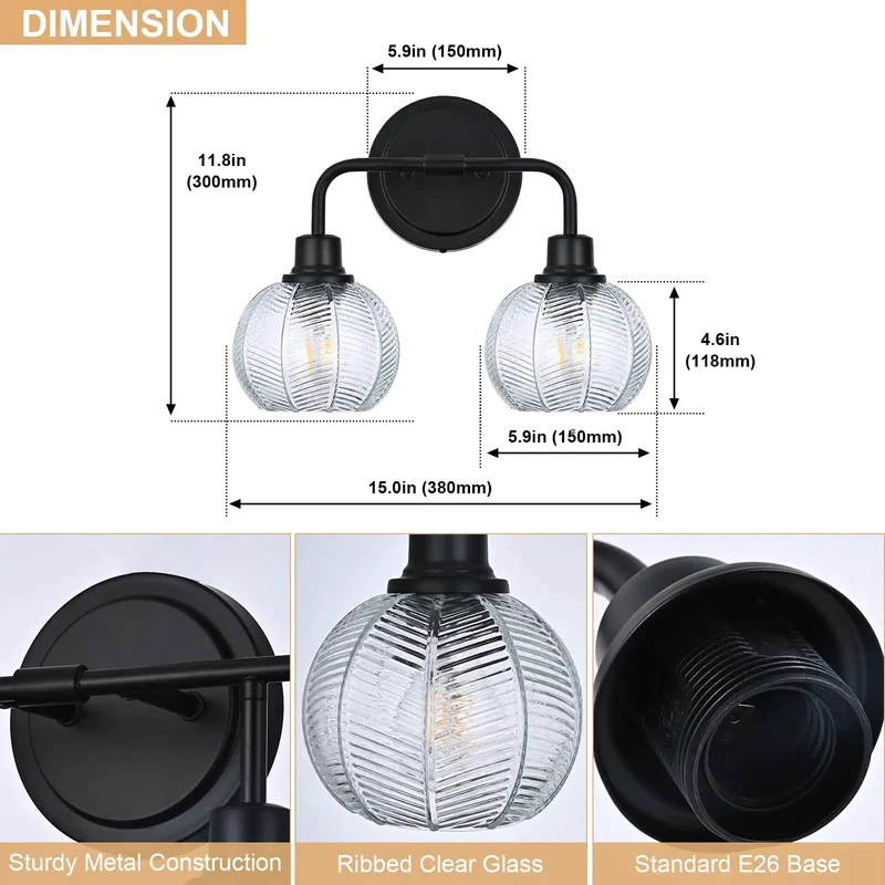 2 Light Wall Sconce Features Curved Arms And Ribbed Glass Shades With Dope Matte Black Finish Rustproof Build E26 Bulb Base Perfect For Bathrooms Kitchens Hallways Living Rooms Bringing Major Bougie Vibe To Any Space Super Sleek Look