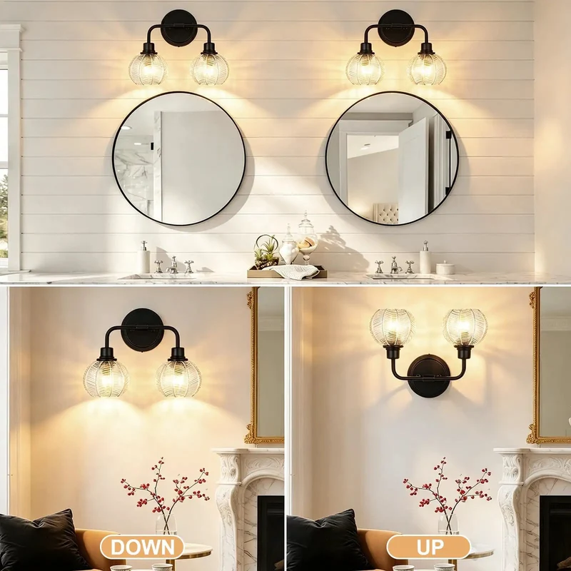 2 Light Wall Sconce Features Curved Arms And Ribbed Glass Shades With Dope Matte Black Finish Rustproof Build E26 Bulb Base Perfect For Bathrooms Kitchens Hallways Living Rooms Bringing Major Bougie Vibe To Any Space Super Sleek Look