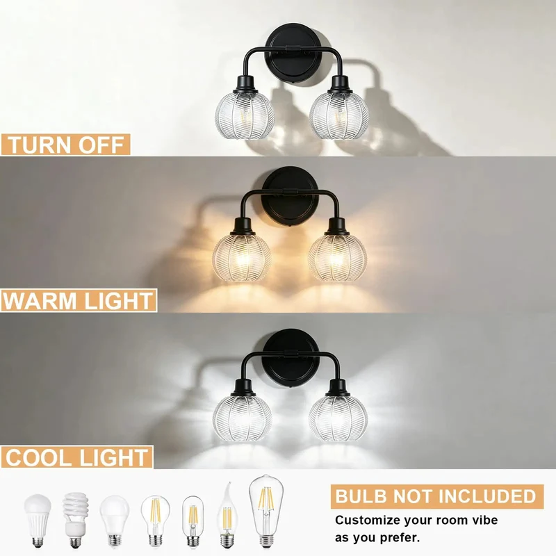2 Light Wall Sconce Features Curved Arms And Ribbed Glass Shades With Dope Matte Black Finish Rustproof Build E26 Bulb Base Perfect For Bathrooms Kitchens Hallways Living Rooms Bringing Major Bougie Vibe To Any Space Super Sleek Look