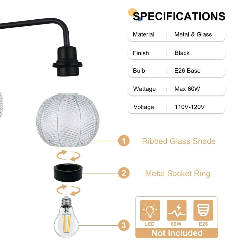 2 Light Wall Sconce Features Curved Arms And Ribbed Glass Shades With Dope Matte Black Finish Rustproof Build E26 Bulb Base Perfect For Bathrooms Kitchens Hallways Living Rooms Bringing Major Bougie Vibe To Any Space Super Sleek Look