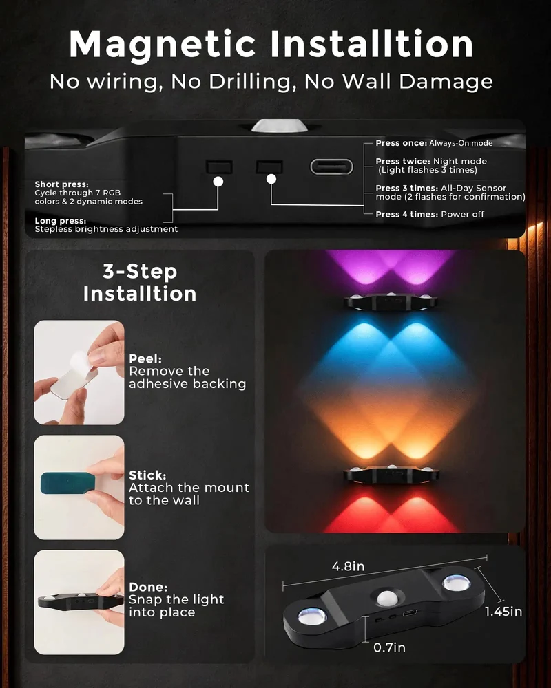 Slick Rechargeable Motion Sensor Wall Lights Featuring MagneticRgb Sconces 4 Pack With Dual Night And Day Modes And Smooth 120 Degree Sweep For Hella Bright Indoors Running On Dead Simple Battery And Auto Shut Off After Calm Moments