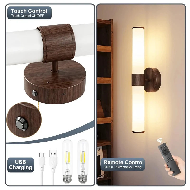 Set of 2 Top Tier Rechargeable Wall Sconces with 8000mAh Battery Life and Smart Remote Control for a Fresh Bedroom Vibe 20 Inch Wireless Lighting Setup with Dimmable Settings and Bulbs Included for Easy Home Upgrades