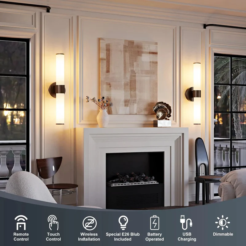 Set of 2 Top Tier Rechargeable Wall Sconces with 8000mAh Battery Life and Smart Remote Control for a Fresh Bedroom Vibe 20 Inch Wireless Lighting Setup with Dimmable Settings and Bulbs Included for Easy Home Upgrades