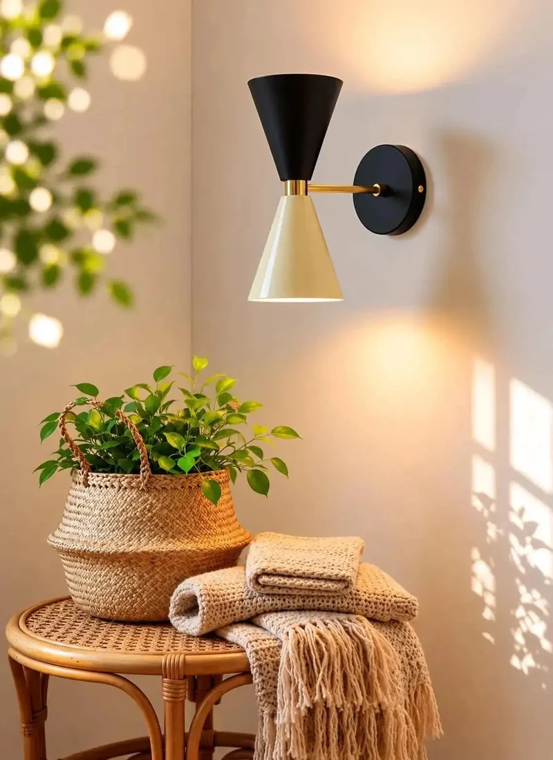 Groovy Mid-Century Two Tone Cone Wall Sconce Light With Sleek Black And White Dual Funnel Shades And Crisp Gold Accent Ring Dropping Badass Up And Down Ambient Glow To Totally Transform Your Living Room Or Bedroom Vibes