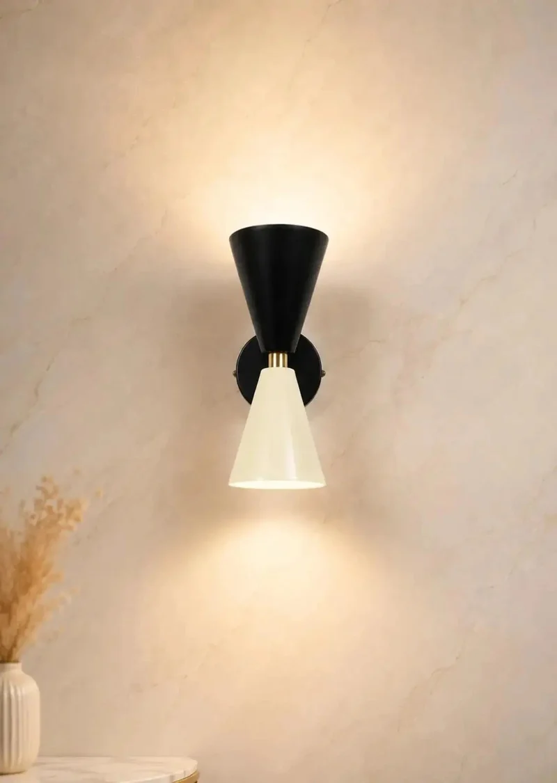 Groovy Mid-Century Two Tone Cone Wall Sconce Light With Sleek Black And White Dual Funnel Shades And Crisp Gold Accent Ring Dropping Badass Up And Down Ambient Glow To Totally Transform Your Living Room Or Bedroom Vibes