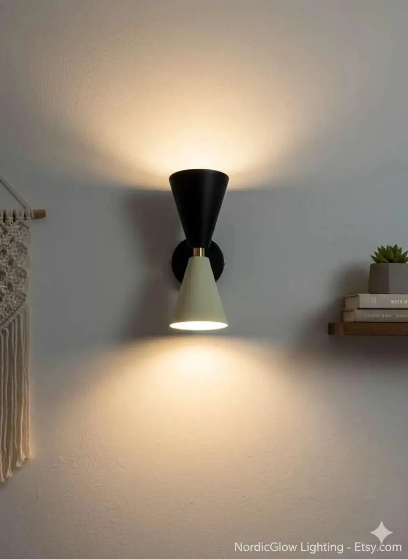 Groovy Mid-Century Two Tone Cone Wall Sconce Light With Sleek Black And White Dual Funnel Shades And Crisp Gold Accent Ring Dropping Badass Up And Down Ambient Glow To Totally Transform Your Living Room Or Bedroom Vibes
