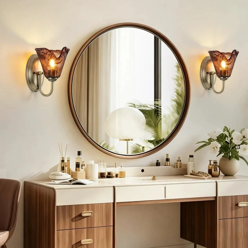 Set Of Two Vintage Glass Wall Sconces With Aged Brass Finish And Handcrafted Amber Flower Glass Shades For Bathroom Vanity Lighting That Offers A Straight Up Stunning Upgrade And Totally Cozy Vibes