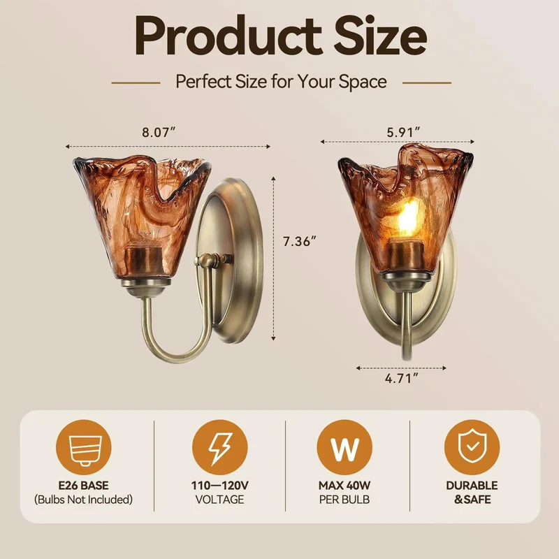 Set Of Two Vintage Glass Wall Sconces With Aged Brass Finish And Handcrafted Amber Flower Glass Shades For Bathroom Vanity Lighting That Offers A Straight Up Stunning Upgrade And Totally Cozy Vibes