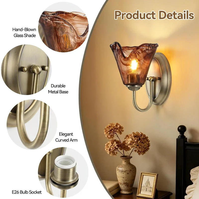 Set Of Two Vintage Glass Wall Sconces With Aged Brass Finish And Handcrafted Amber Flower Glass Shades For Bathroom Vanity Lighting That Offers A Straight Up Stunning Upgrade And Totally Cozy Vibes